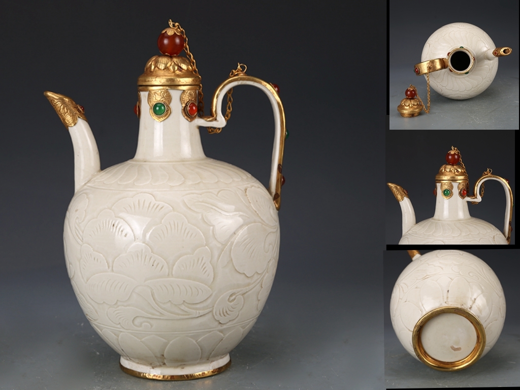 宋時代定窯刻花卉紋象嵌寶石包金蓋壺・水注!高さ27cm 直径17cm-