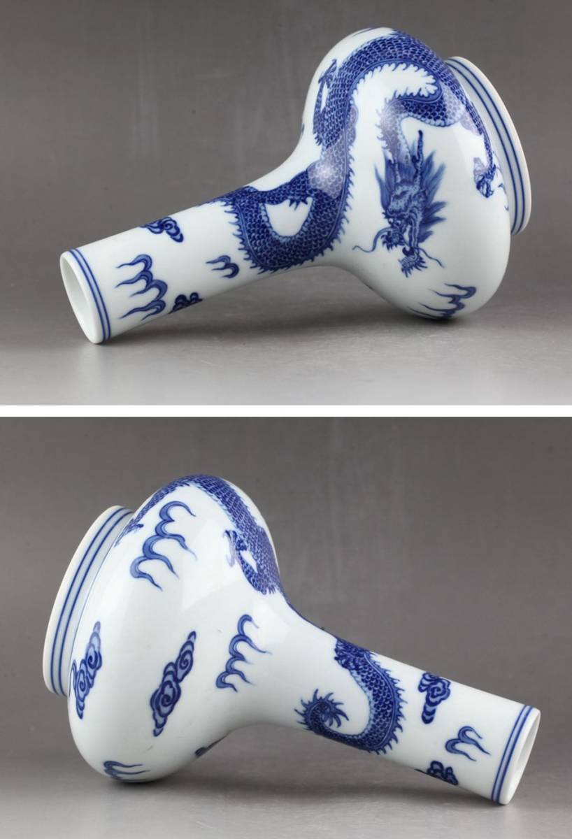 清時代 青花の雲龍紋 花瓶 花器 精品！直径13.6cm、高さ19.5 cm-