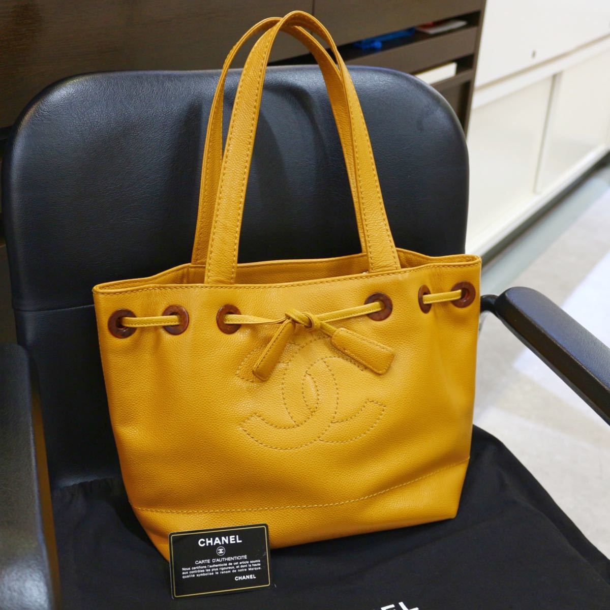 レア!CHANEL☆ヴィンテージ巾着トート/イエロー/ベージュ/トート