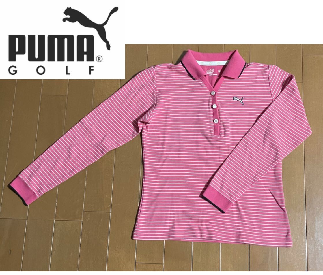 ★PUMA GOLF プーマゴルフ★ピンクカラーにホワイトボーダーのレディース長袖Vネックポロシャツ/M_画像1