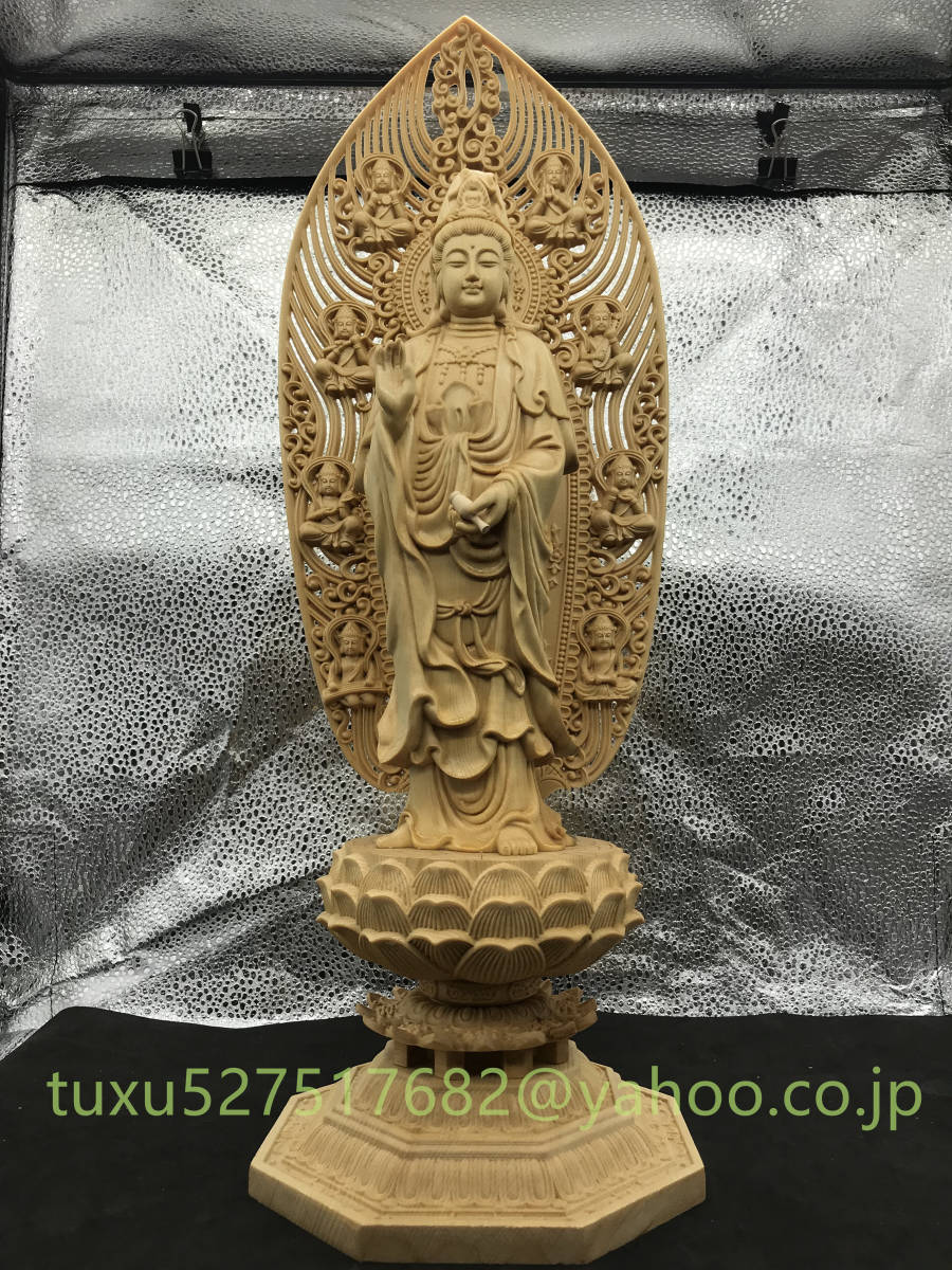 高43cm 観音菩薩立像 観音菩薩像 観音菩薩 仏教工芸品　木彫仏教　精密彫刻　仏師で仕上げ品 開運風水 木造仏像　災難除去 _画像1