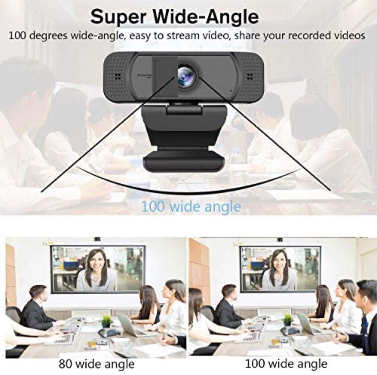 Webカメラ 100°超広角 マイク内蔵 カバー付き ウェブカメラ 1080P 30FPS 200万画素