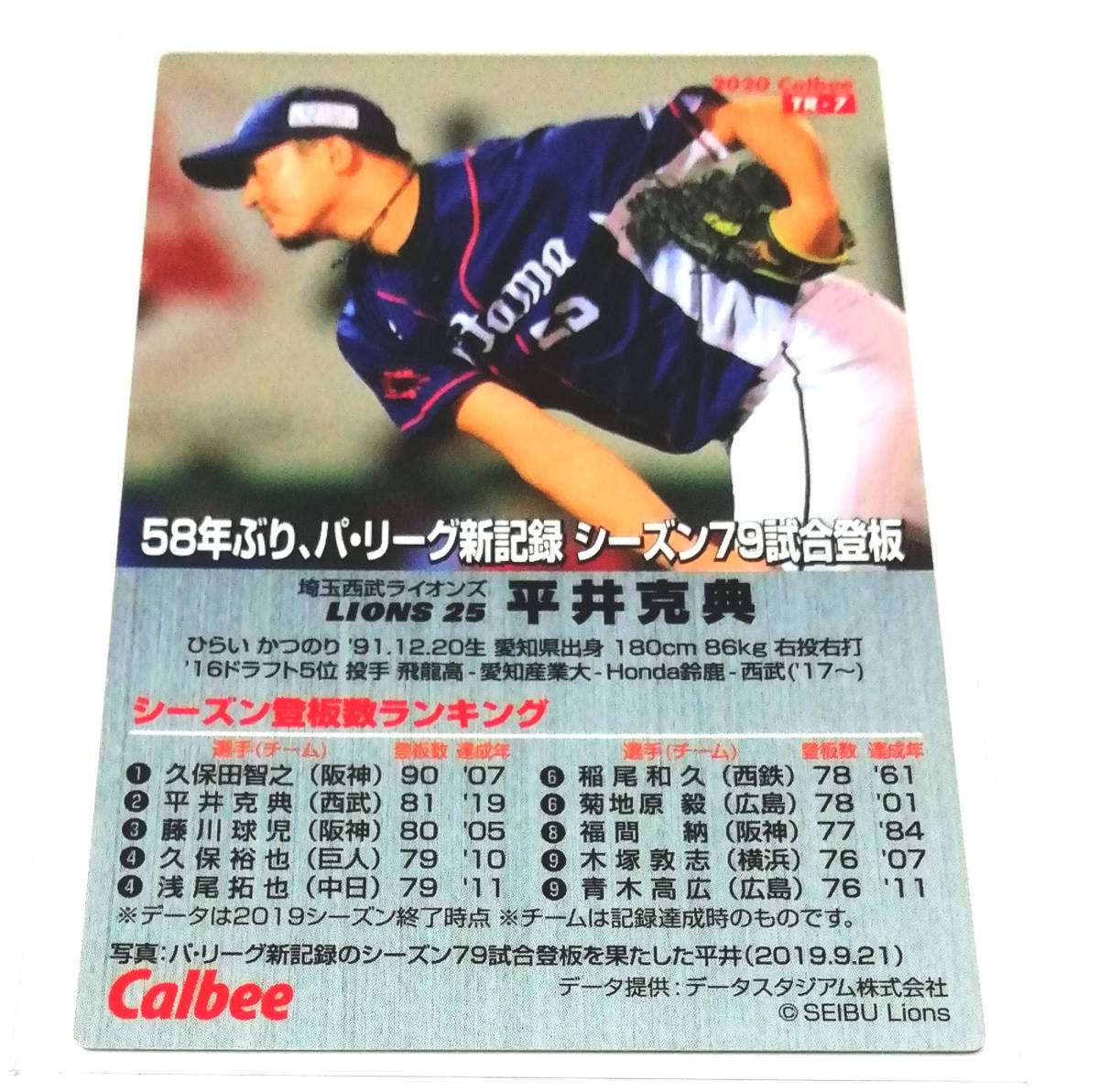 2020　第1弾　平井克典　記録達成カード　西武ライオンズ　【TR-7】 ★ カルビープロ野球チップス_画像1