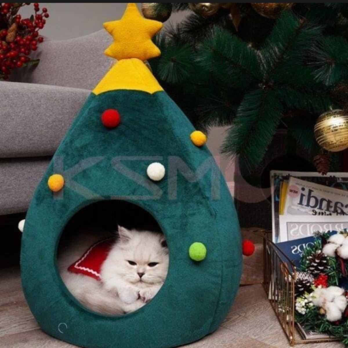 猫ハウス　ドーム型ハウス　猫ベッド　クリスマスツリー型　可愛い　冬　保温防寒　フリース素材　65*42*42ＣＭ