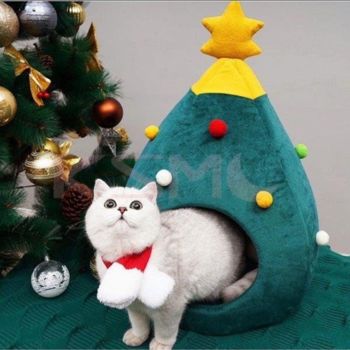 猫ハウス　ドーム型ハウス　猫ベッド　クリスマスツリー型　可愛い　冬　保温防寒　フリース素材　65*42*42ＣＭ
