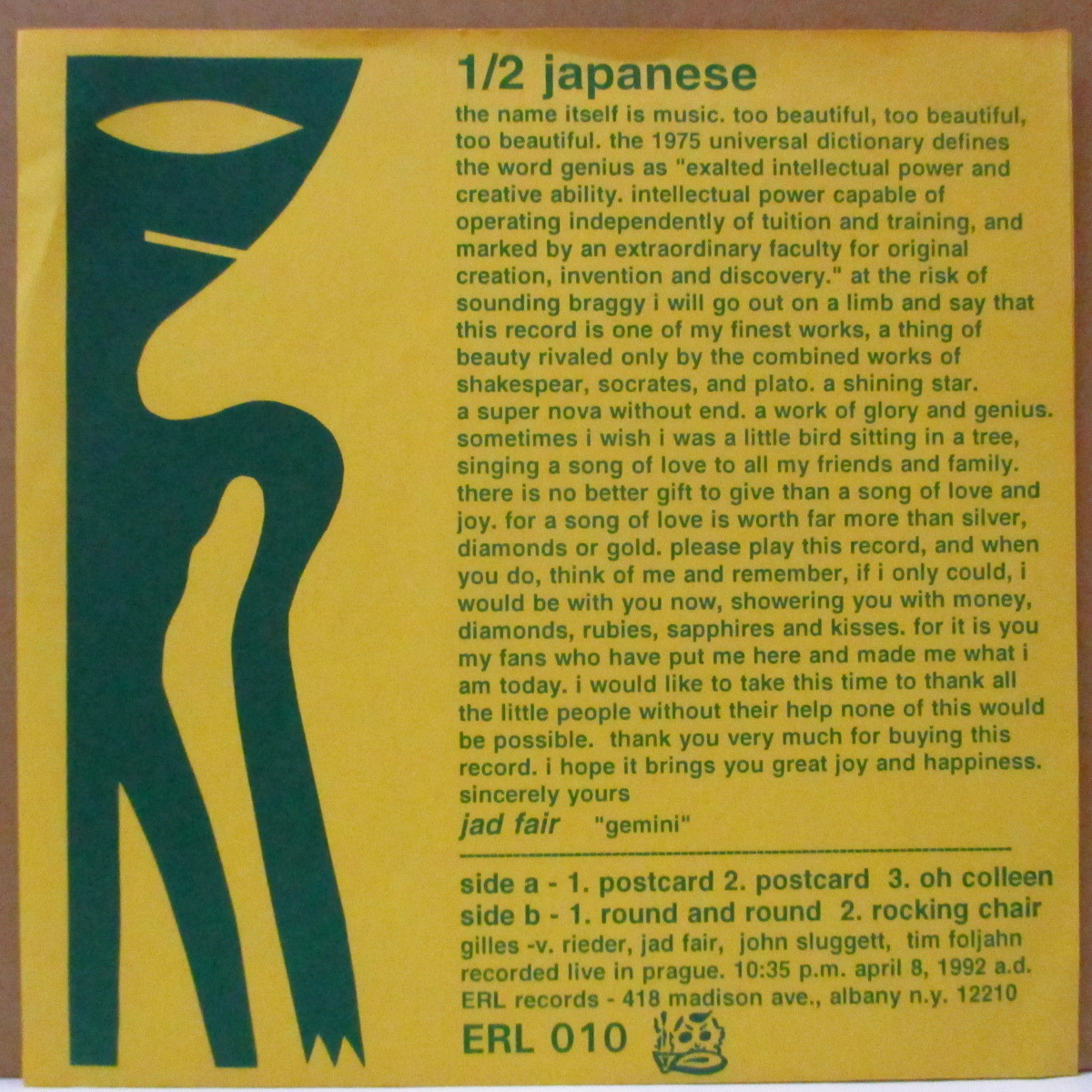 HALF JAPANESE-Postcard +4 (US Orig.Black Vinyl 7/Yellow PS)_画像2