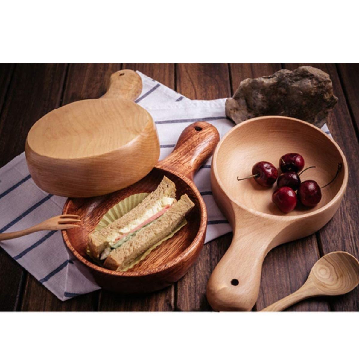 木製 ボール 長柄 サラダ　茶碗 スープボウル ラウンド ブナ木 大容量 天然木製  2枚セット　モッパン　皿　レンゲ　韓国