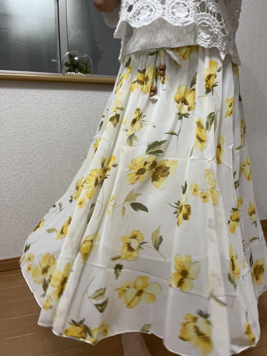 ロングスカートレディース　花柄　プリーツ　シフォン　マキシ丈　上品　リゾート風　8023