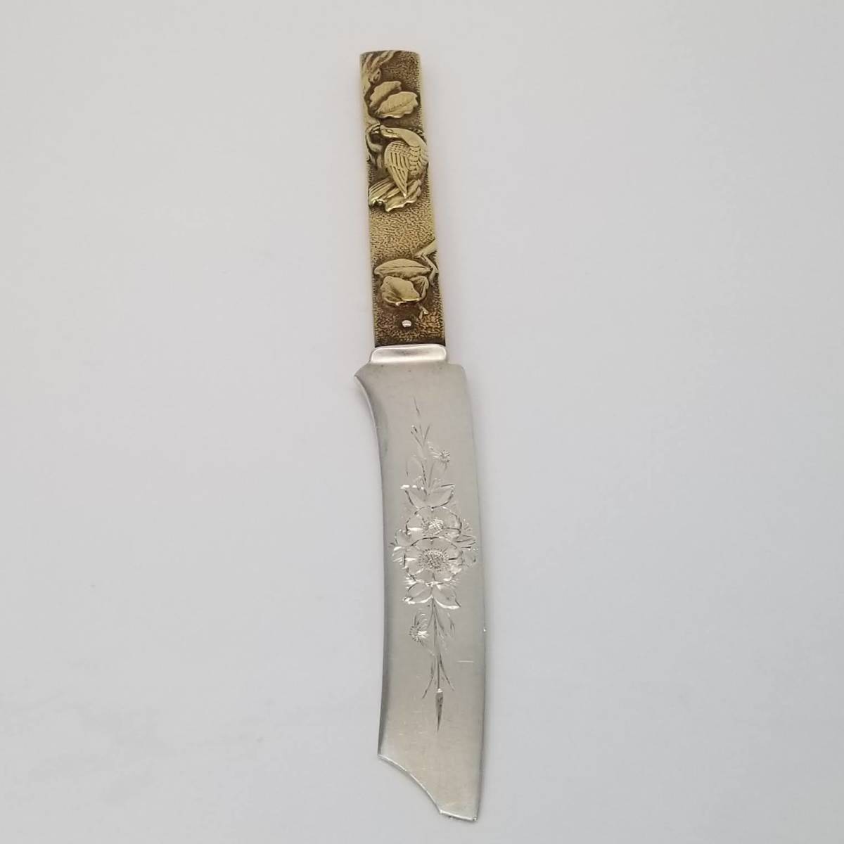 1800年代 米国 アンティーク GORHAM KOZUKA スターリングシルバー フィッシュナイフ カトラリー 銀 鳥 花 彫金 コウズカ_画像3