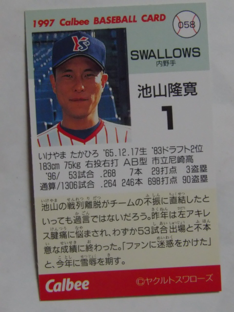 カルビー ベースボールカード 1997 No.58 池山隆寛 ヤクルトスワローズ_画像2