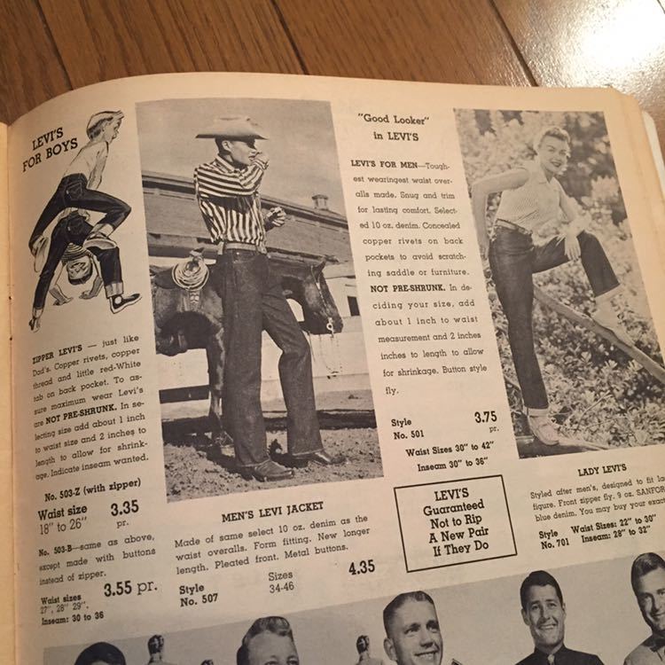 1957 Vintage Levi Strauss & Co Levi's LEVI\'S 501XX 507XX 503ZXX 701 large war Denim jeans kau Boy magazine advertisement mail order catalog 