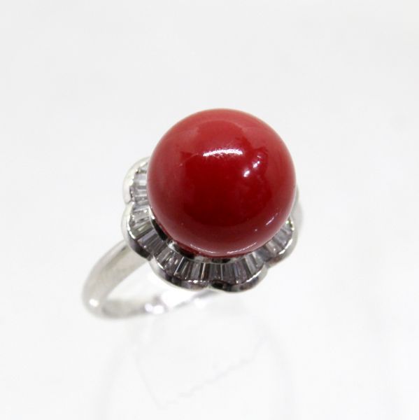 輝く高品質な ◎中古美品◎プラチナ サンゴ 12.5mm ダイヤ 0.53ct リング 16号 コーラル、サンゴ