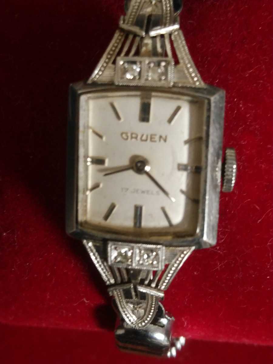 アンティーク GRUEN グリュエン プラチナ850 ダイヤモンド4Ｐ レディース手巻 腕時計 アールデコ様式