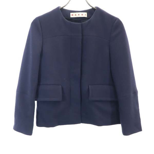 マルニ ノーカラー ジャケット 38 紺 MARNI ウール レディース 200908