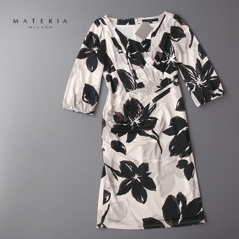 新品◆MATERIA マテリア　花柄ドレープワンピース/ストレッチ感　38_画像1