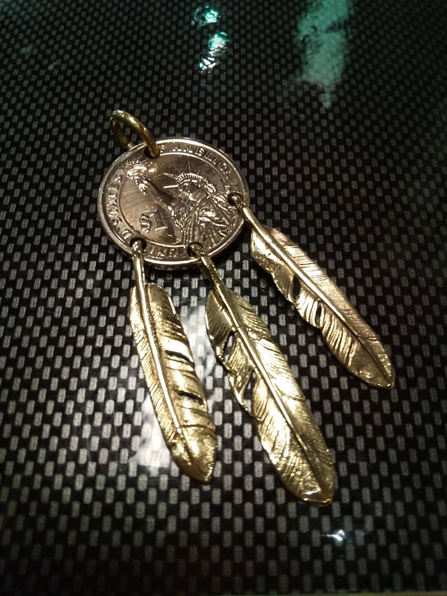 アメリカ硬貨,3点吊り,自由の女神,フェザー,ペンダント,コインネックレス,コイン,トップ,全金ゴールド色