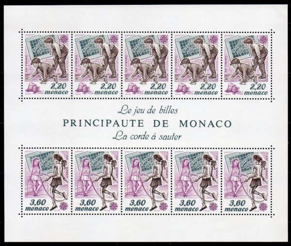 切手 D486 モナコ CEPT 子供の遊び おはじき 縄跳び SL(2V・5x2) 1989年発行 未使用_画像1