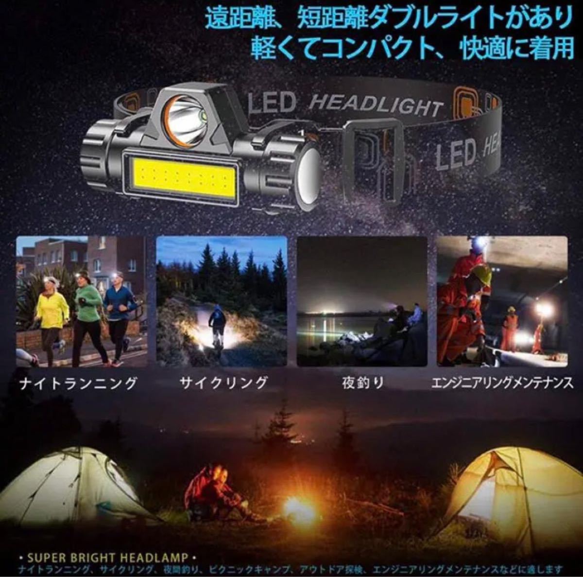 便利な LEDヘッドライト USB充電式 90°回転 キャンプ 夜釣り 登山