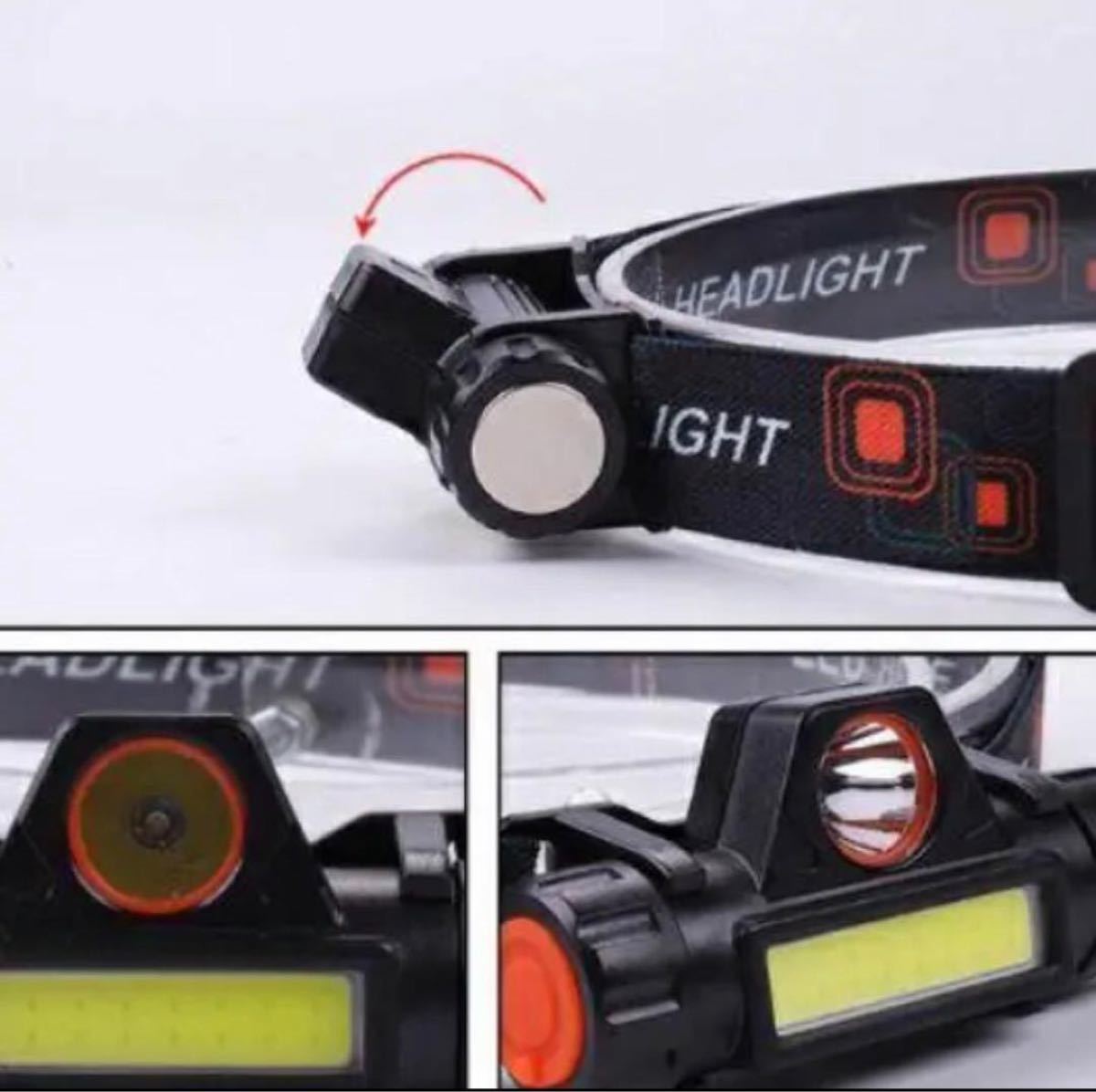 便利な LEDヘッドライト USB充電式 90°回転 キャンプ 夜釣り 登山
