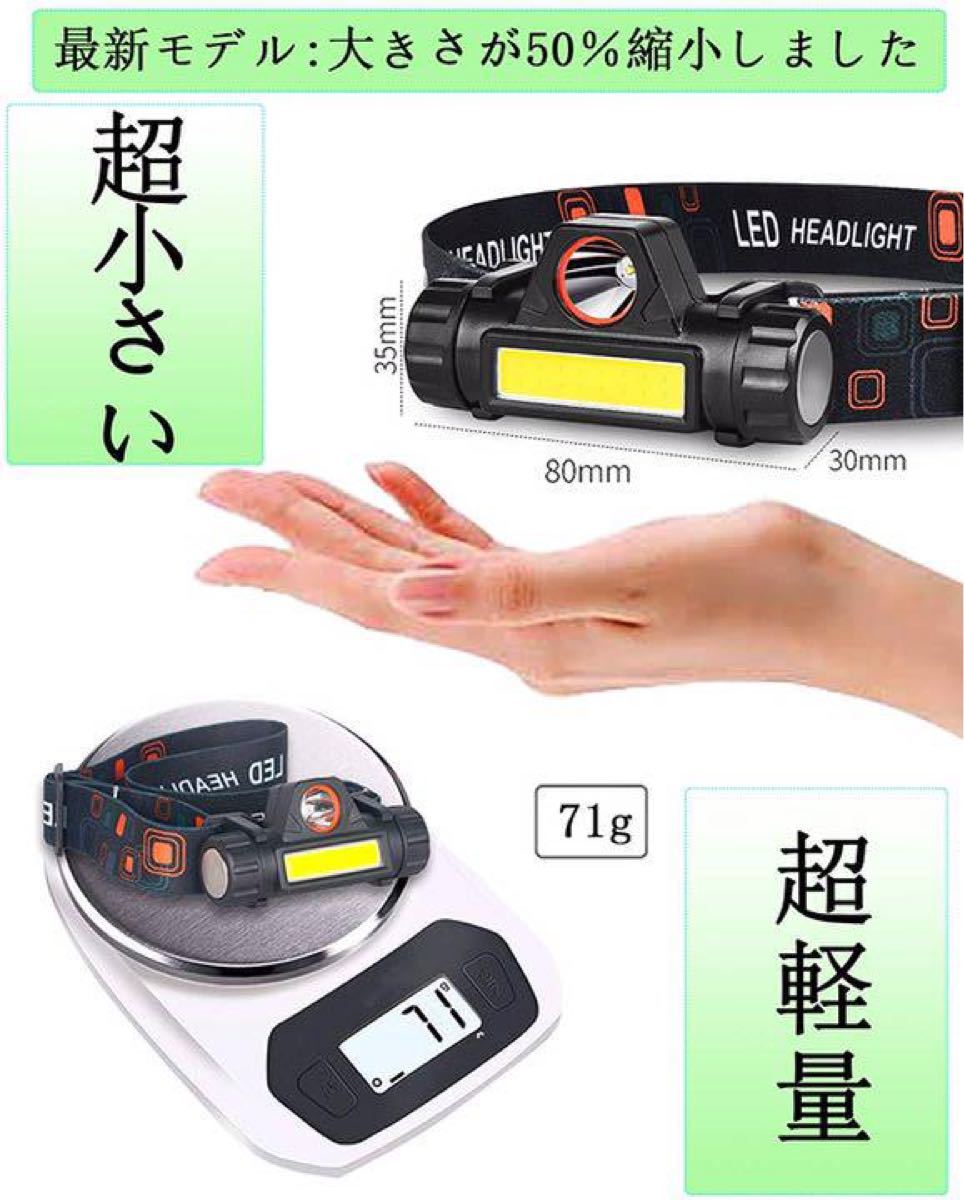 便利な LEDヘッドライト USB充電式 90°回転 キャンプ 夜釣り 登山