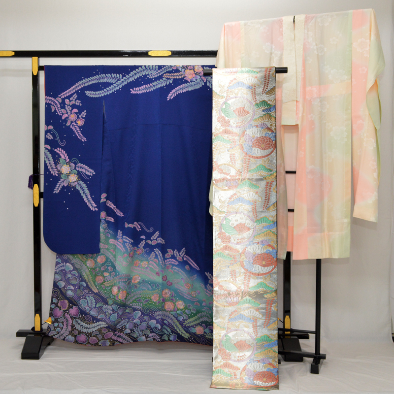 2Fきもの 振袖 辻が花 金彩3点セット ネイビー ブルー やまと製 逸品