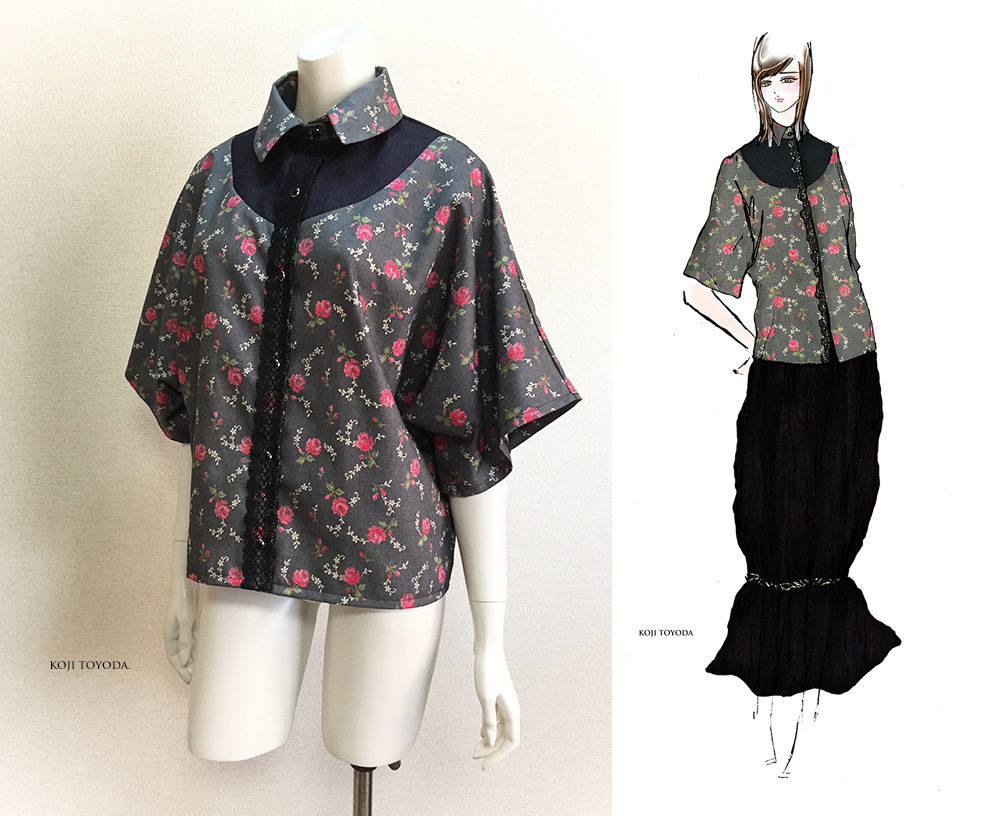 Paypayフリマ 1点もの デザイン画付き ゆったり着物袖アーチ切り替え花柄プリントブラウス Koji Toyoda Paypayフリマ 1点もの デザイン画付き ゆったり着物袖アーチ切り替え花柄プリントブラウス Koji Toyoda