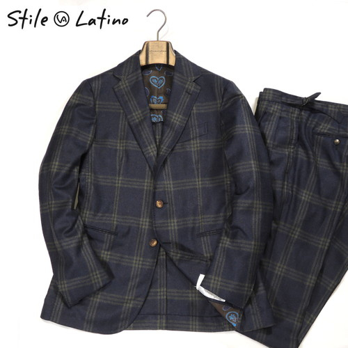 【定価35.2万・新品・46】 STILE LATINO（スティレ ラティーノ）VINCENZO ウールサキソニーシングル3Bスーツ 2プリーツ ネイビー×グリーン