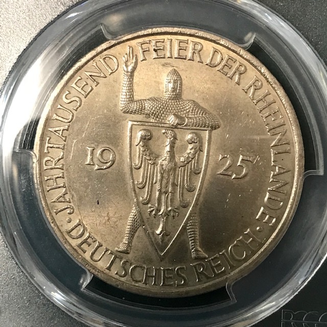 ★1925 ドイツ ワイマール 5マルク銀貨 ラインラント統一千年 PCGS AU58の画像1