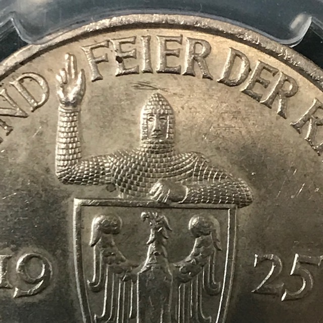 ★1925 ドイツ ワイマール 5マルク銀貨 ラインラント統一千年 PCGS AU58の画像6