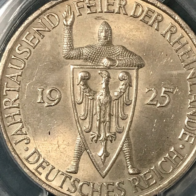 ★1925 ドイツ ワイマール 5マルク銀貨 ラインラント統一千年 PCGS AU58の画像8