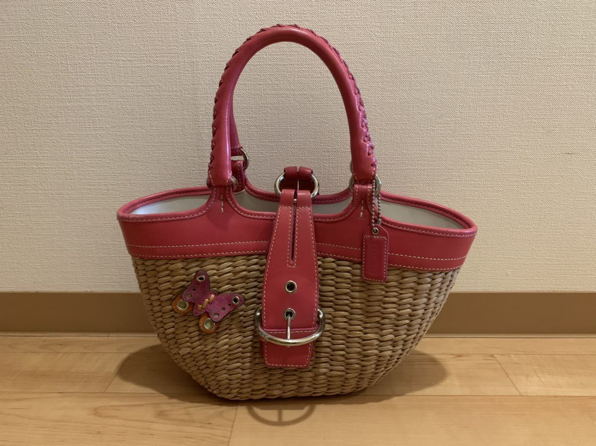激安商品 × ピンク カゴバッグ かごバッグ バタフライストローバッグ