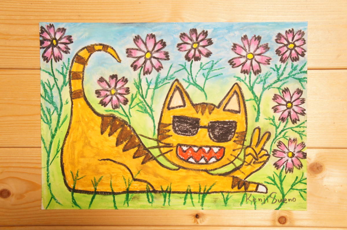 【コスモスと猫】手描き 肉筆 クレヨン画 絵画 368,Crayon painting, oil pastel painting, original art,ねこ,ネコ,秋桜_画像2