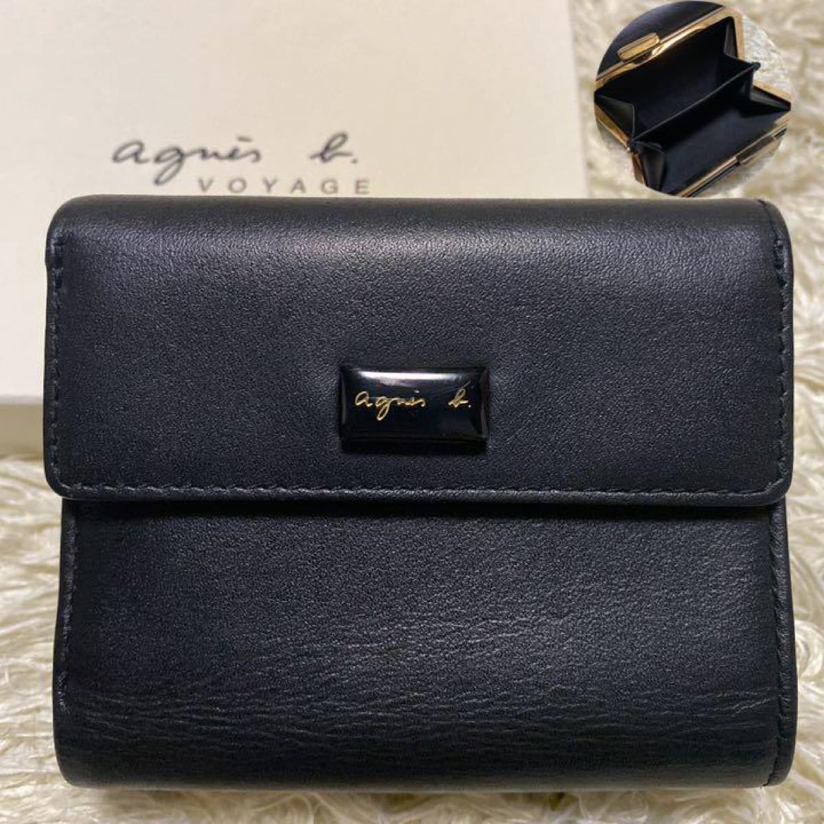 agnes b. アニエスベー 三つ折財布 がま口 コンパクト ウォレット ロゴ プレート レザー 革 ブラック 黒