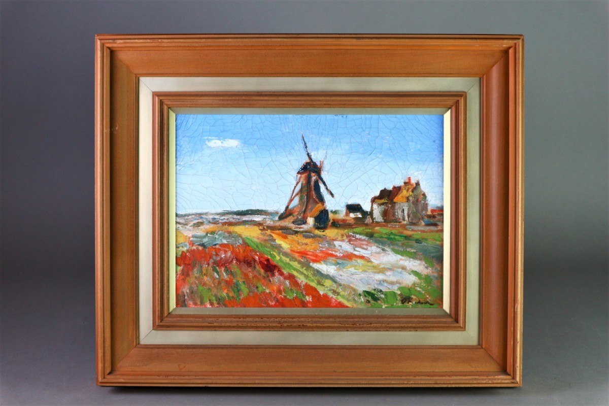 作者不明 「オランダの風景」 油彩風景画 額装品 4号 / 風車 油彩画 油絵_画像1