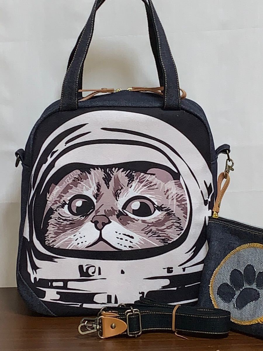 ハンドメイド☆岡山デニム☆宇宙飛行士ネコ☆猫☆4wayボストンバッグ