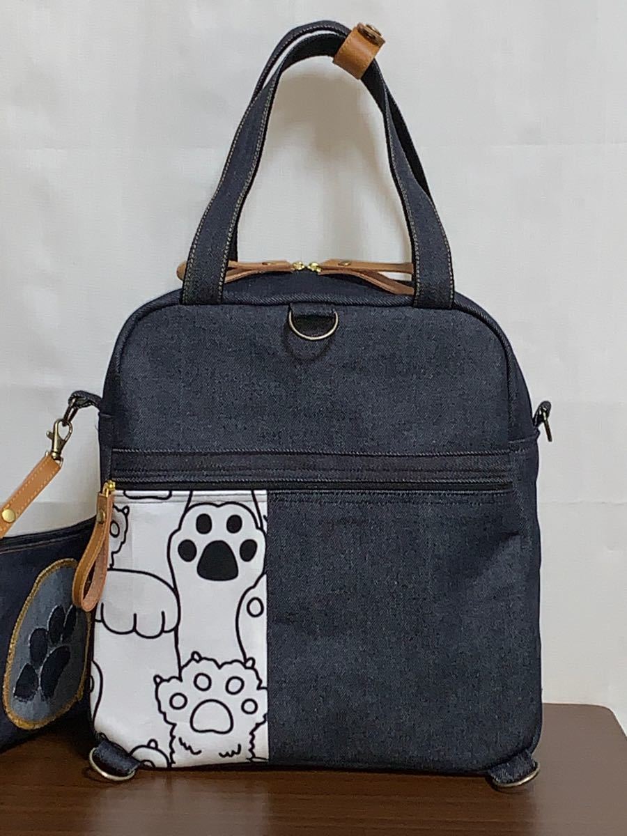 ハンドメイド☆岡山デニム☆宇宙飛行士ネコ☆猫☆4wayボストンバッグ