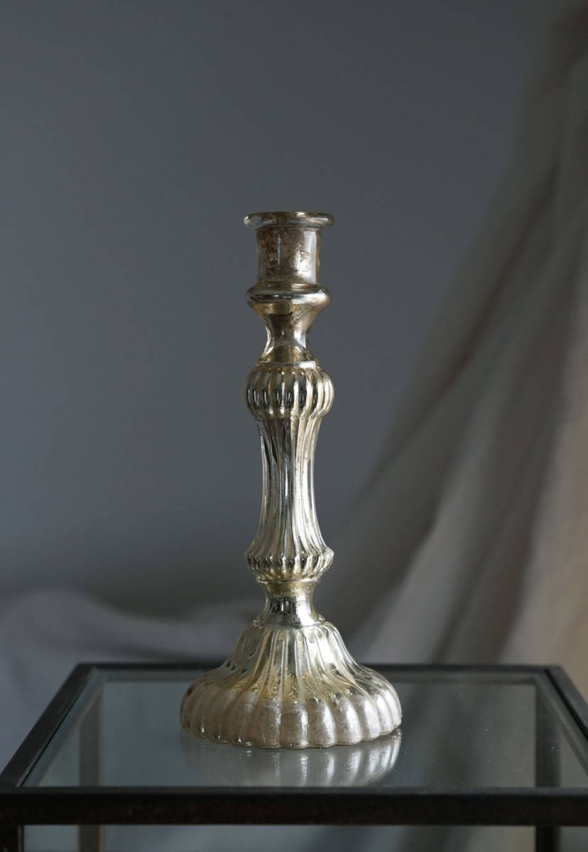 古いマーキュリーグラスのキャンドルグラス / 1800年代(19世紀)・フランス / アンティーク 古道具 硝子 燭台