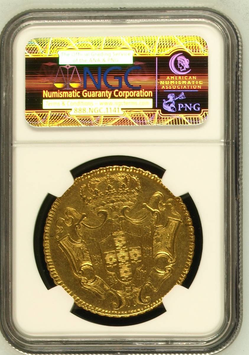 【記念貨幣】1730M年ブラジルフォアン５世12800レイス金貨ゴールドコイン NGC AU55 高鑑定品 近代金貨 重28.68ｇ、直径38.8ｍｍ E08_画像2