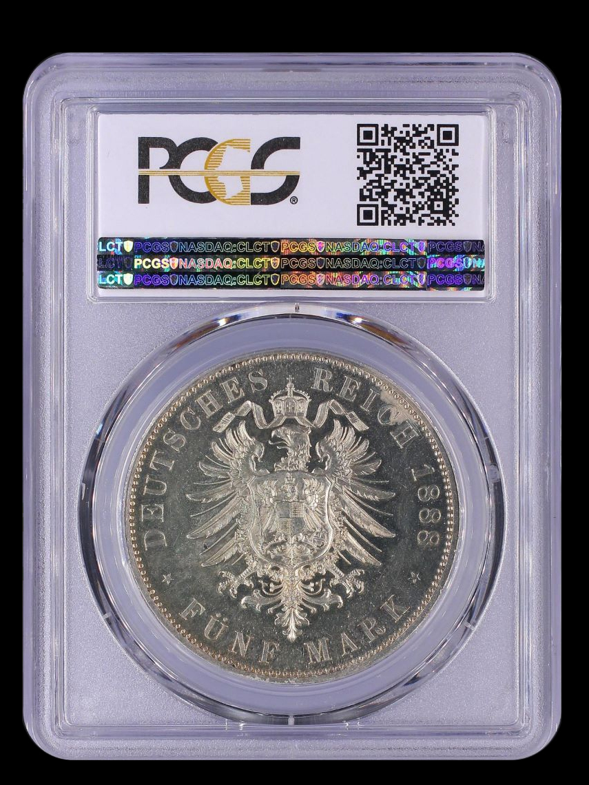 【記念貨幣】1888年ドイツ帝国ヴィルヘルム２世５マルクプルーフ銀貨シルバーコイン PGCS PR64 最高鑑定品★重27.77g I01_画像2