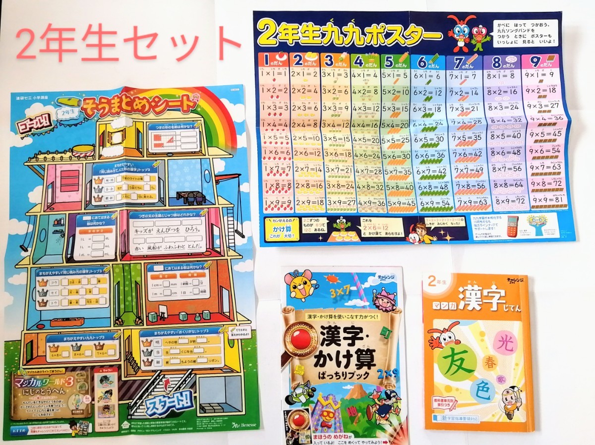 2年生 漢字じてん + 九九ポスター + そうまとめシート など 4点 セット ベネッセ 進研ゼミ 小学講座
