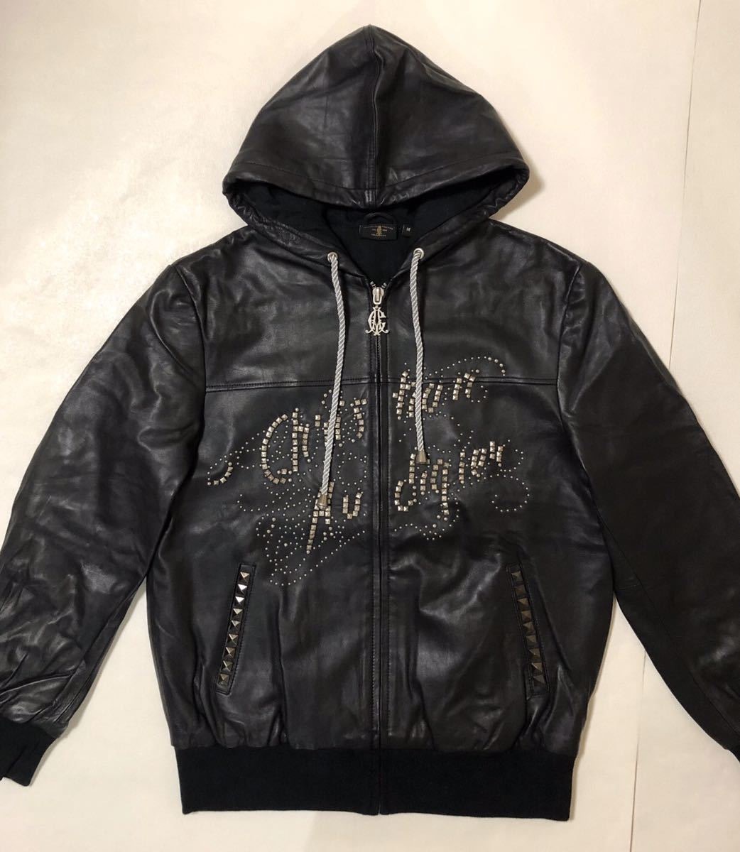 【未使用品、正規品、本物】 Christian Audigier クリスチャンオードジェー パーカー レザージャケット スタッズ サイズM 本革_画像1