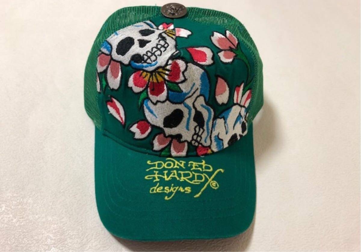 【新品未使用、正規品、本物】 Ed Hardy エド・ハーディー スカル さくら 桜 サクラ 花びら 刺繍 キャップ グリーン_画像3