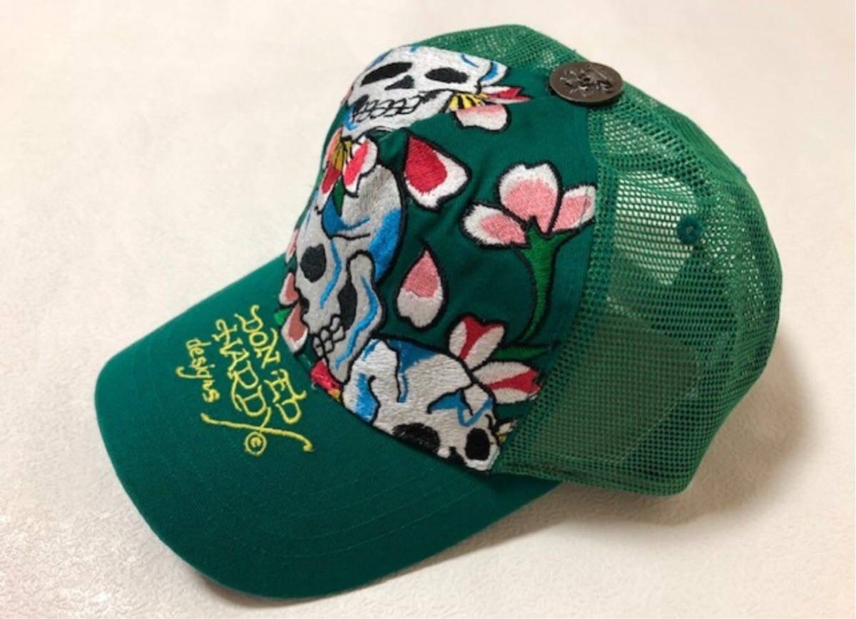 【新品未使用、正規品、本物】 Ed Hardy エド・ハーディー スカル さくら 桜 サクラ 花びら 刺繍 キャップ グリーン_画像1