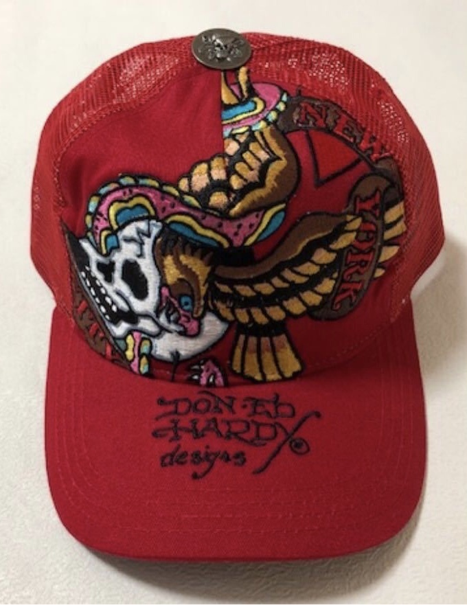 【新品未使用、正規品、本物】 Ed Hardy エド・ハーディー スカル ワシ 刺繍キャップ 帽子 赤色_画像1