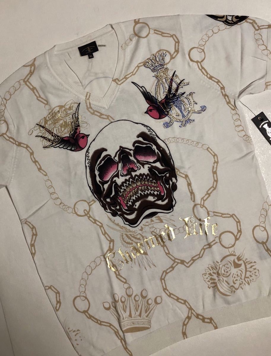 【新品タグ付き、豪華、正規品】 Christian Audigier クリスチャンオードジェー サマー ニット 半袖 セーター 白 金 ゴールド XL_画像1