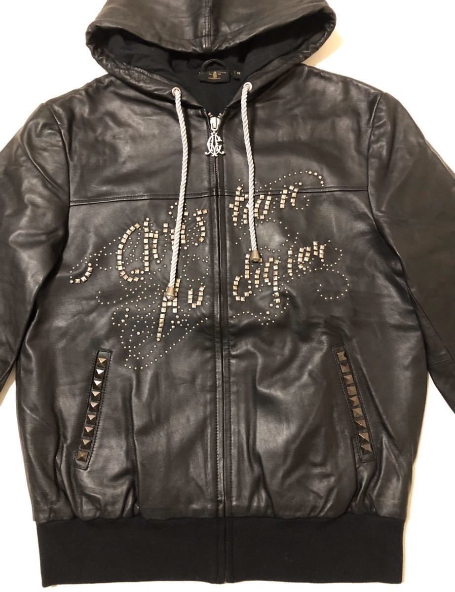 【未使用品、正規品、本物】 Christian Audigier クリスチャンオードジェー パーカー レザージャケット スタッズ サイズM 本革_画像3