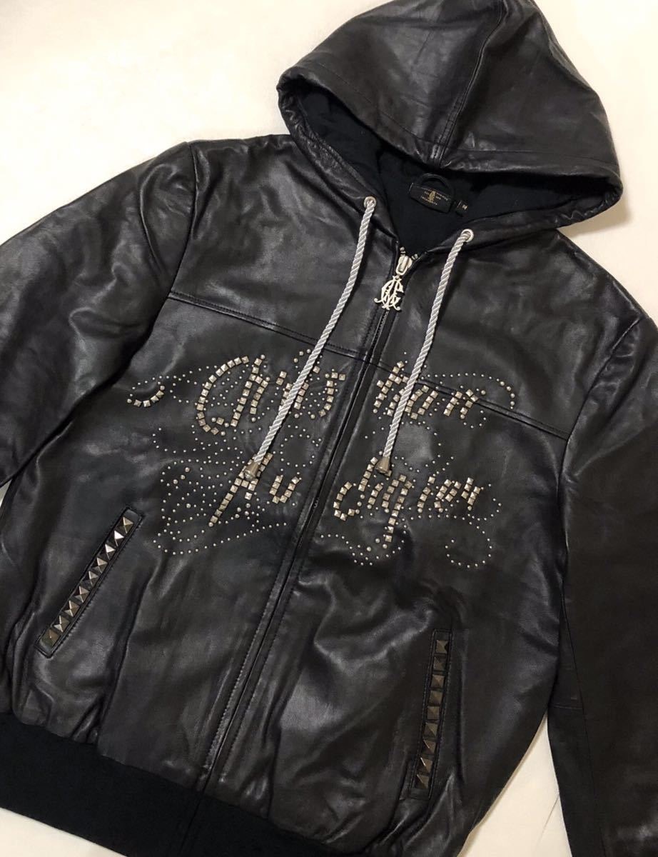 【未使用品、正規品、本物】 Christian Audigier クリスチャンオードジェー パーカー レザージャケット スタッズ サイズM 本革_画像2