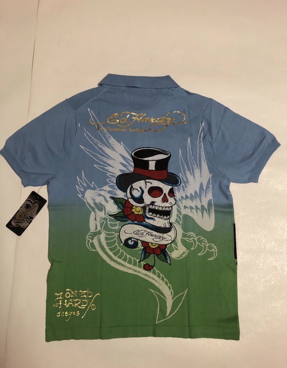【新品タグ付き、正規(guī)品、本物】 Ed Hardy エド ハーディー サマー ニット ポロシャツ ラインストーン サマーセーター サイズM 水色緑色