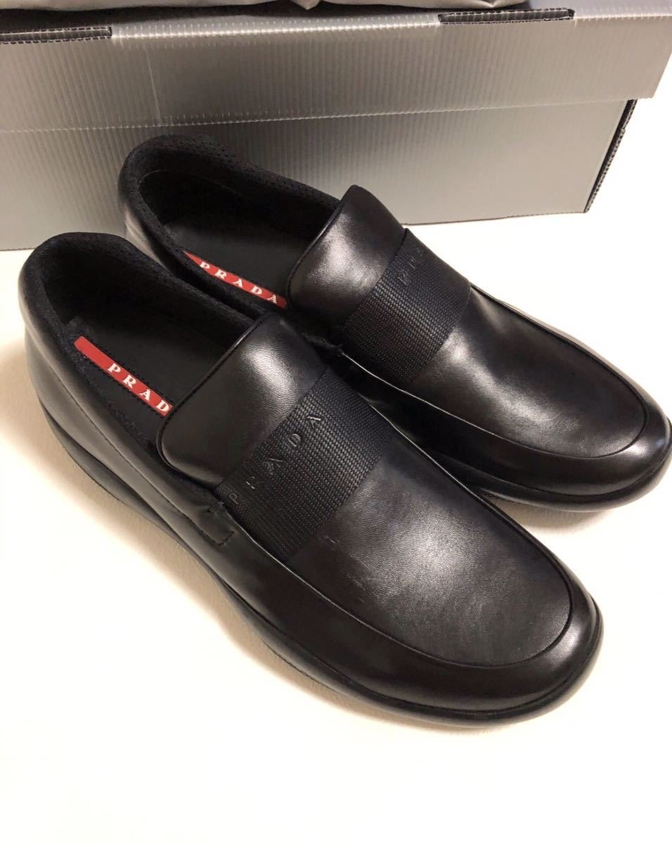 【新品未使用、正規品】 PRADA プラダ ナッパレザー シューズ スポーツ スリッポン 黒 サイズ 7 1/2 箱付き_画像6