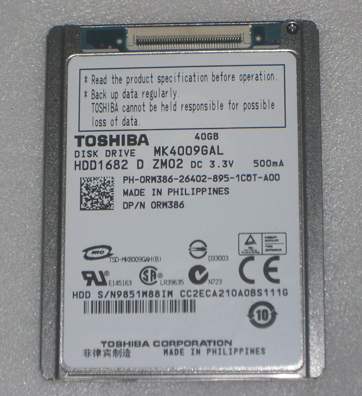 TOSHIBA MK4009GAL 1.8&#34;HDD 5mm ZIF specification . extra memory 